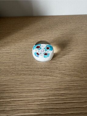 Round Glass Paperweight with Blue and Red Floral Cane